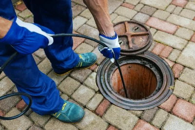 Plumber cleaning an outdoor sewer drain in Erie
