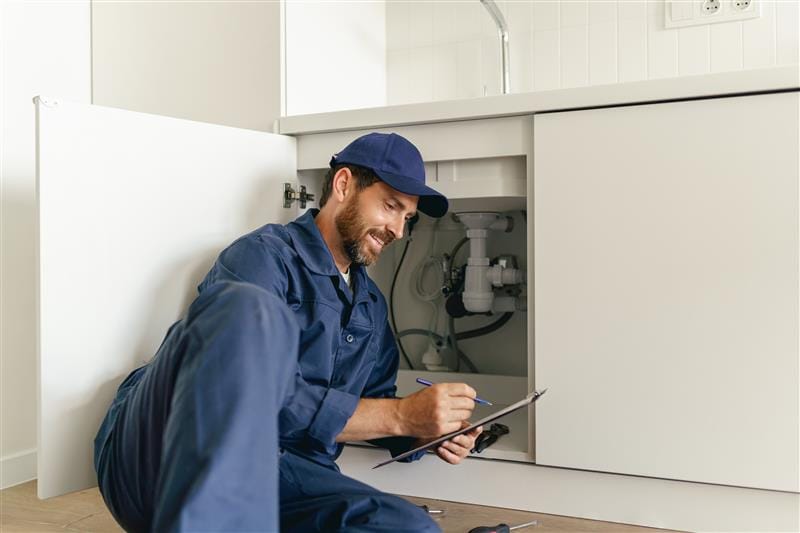 Residential plumber reviewing plumbing repairs in a Erie kitchen