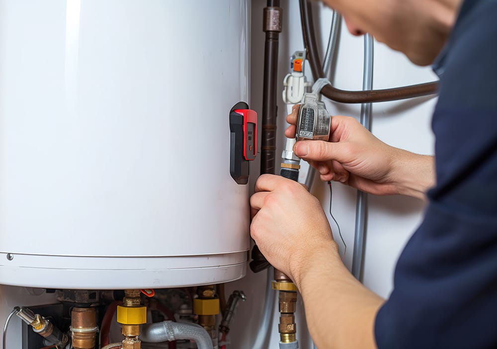 Technician repairing pipes connected to a water heater in Erie